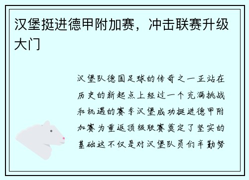 汉堡挺进德甲附加赛，冲击联赛升级大门